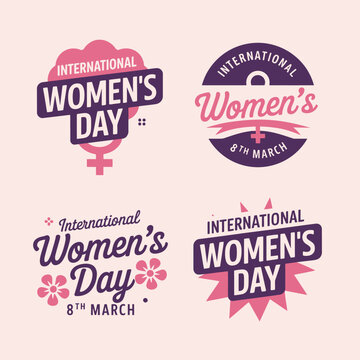 Four distinct badges or labels each celebrating International Women's Day with different and colors