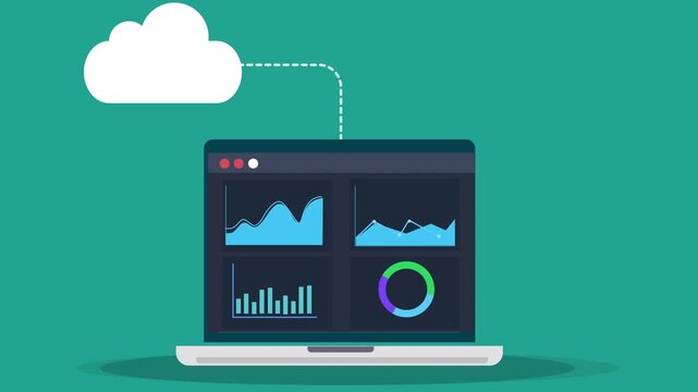 Animated vector illustration showing cloud upload database to analytics dashboard on laptop, representing data transfer, cloud computing, monitoring, and digital workflow.
