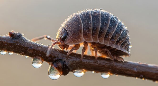 Woodlouse macro with dewdrops clinging to its body sitting on a twig nature's detail