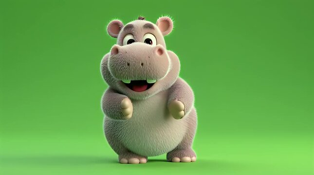 A cheerful animated hippopotamus standing with a playful expression against a vibrant green screen background, ideal for use as a cute animal chroma footage or pet green screen template.