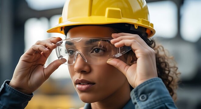 A focused female construction worker carefully adjusts her safety glasses outdoors. Social Responsibility ESG and Employee Wellbeing
