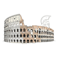 Ancient Colosseum in Rome with Roman gladiator helmet