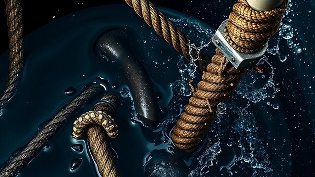 jeopardizing. Thick wet ropes and barnacled anchor pulled from dark water, droplets flying. safety posters, maintenance manuals, designed for industrial assembly lines and welding operations.
