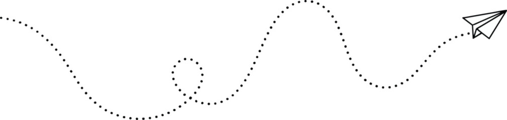 Paper airplane dotted flight path illustration showing curved journey route, travel direction concept, navigation trail design, minimal line art isolated on light background © Mostofa Expressive