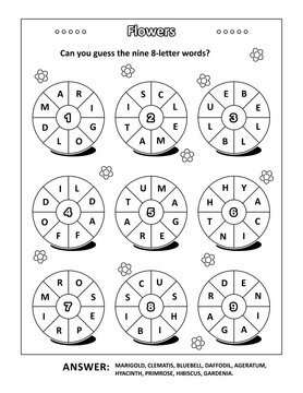 Sping or summer word puzzle (English language) with flower names written around: Can you guess the nine 8-letter words? Black and white. Answer included.
