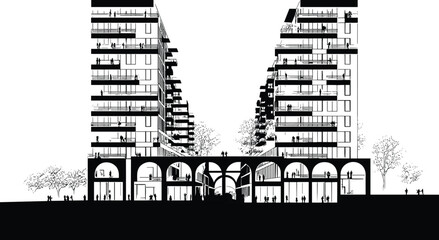 Black and white architectural elevation sketch of modern brutalist apartment buildings with arched ground floor and minimalist silhouettes of urban people © Ponkaj Creatives