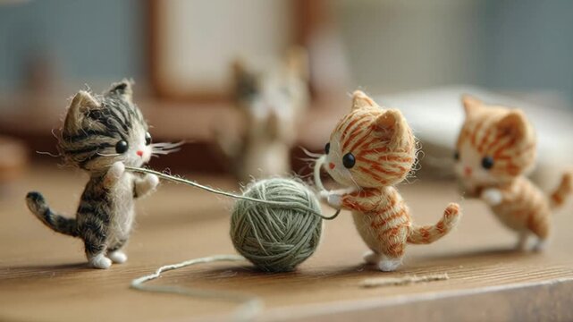 Playful Kittens Engaged in a Tug of War with a Ball of Yarn on a Table