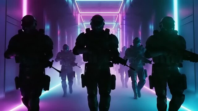 Futuristic Soldiers in Neon Lit Corridor.