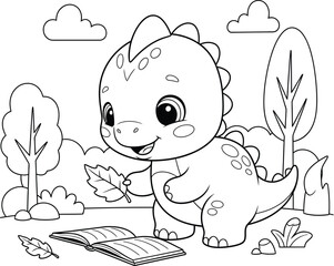 a charming cartoon illustration depicts a delightful baby dinosaur reading a book under trees with clouds above high quality professional detailed © eas2021gkr
