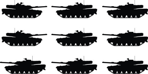 Tank silhouettes illustration, military vehicle cannon turret profile design, vector artwork, defense and education theme, isolated background © SHAHARIAR