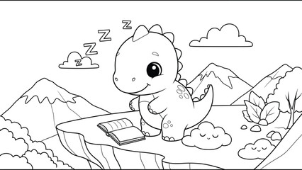 a charming illustration depicts a baby dinosaur peacefully sleeping on a cloud reading a book near mountains and plants high quality © eas2021gkr