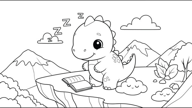 a charming illustration depicts a baby dinosaur peacefully sleeping on a cloud reading a book near mountains and plants high quality