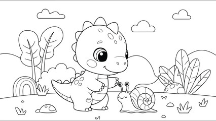 a charming black and white illustration depicts a cute baby dinosaur interacting with a snail in a whimsical landscape high quality © Kibria