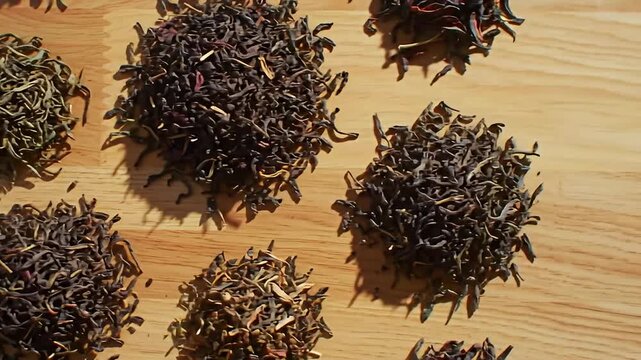 Various tea types laid on wooden surface, displaying leaves of different shades/processing