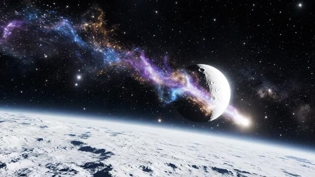 Cosmic Collision: A celestial panorama unfolds as a cosmic entity hurtles through space, colliding with a moon in a breathtaking display of cosmic forces, with nebulae swirling around it.
