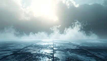 A hazy, surreal scene features a reflective, tiled surface under a dramatic sky filled with clouds and atmospheric light
