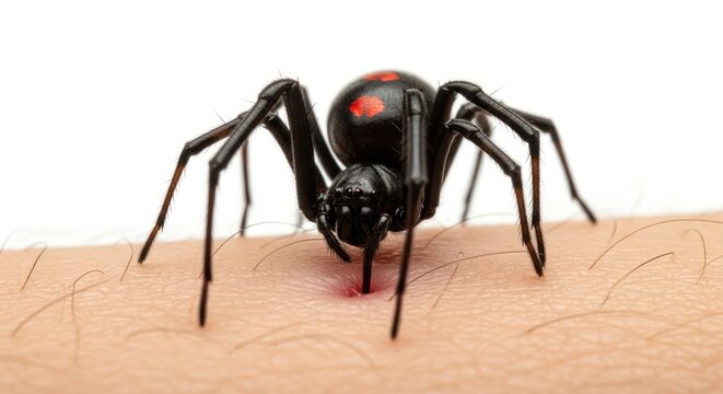 Close-up of venomous black widow spider biting human skin, displaying danger of arachnid bites and