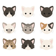 猫の顔アイコン9種セット(短毛・長毛・ハチワレ・三毛・サバトラ・シャム)シンプルベクター素材