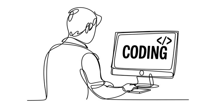 Continuous line drawing of a software developer working at a desktop computer with coding text.