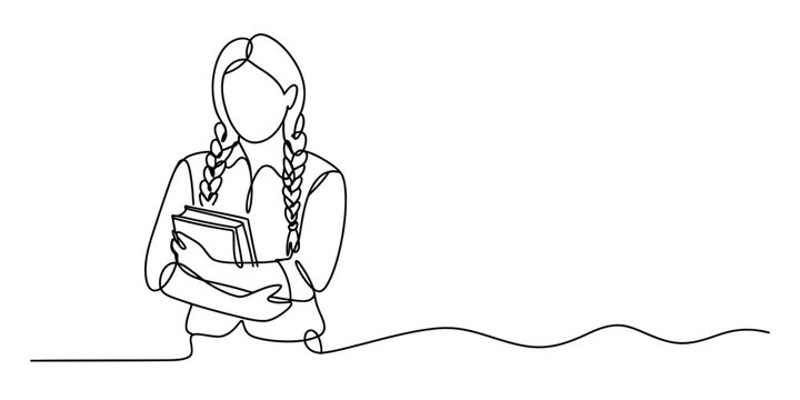 Continuous line drawing of a young student girl with braided hair holding a stack of books