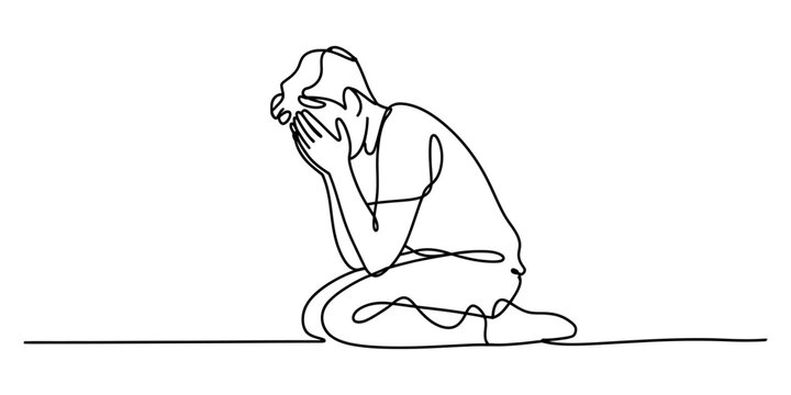 Continuous line drawing of a man kneeling and covering his face in despair and sadness. Vector, illustration