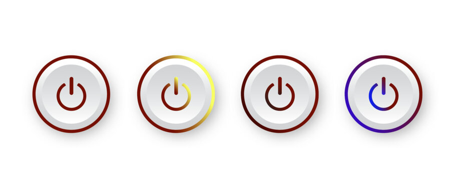 Set of modern power button icons in circular style with gradient variations. Minimal tech interface symbols isolated on light background, perfect for UI, apps, dashboards, startup, shutdown