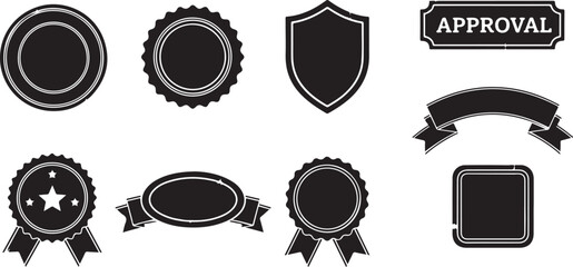 Collection of various approval badges seals and labels with elegant black and white design isolated on transparent background