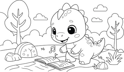 a charming illustration depicts a cute baby dinosaur joyfully playing music in a whimsical forest setting perfect for coloring high quality © eas2021gkr