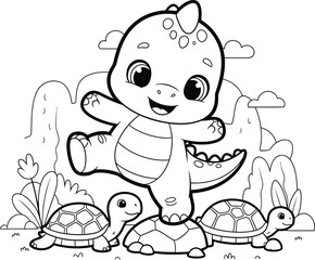 a charming cartoon depiction of a baby dinosaur playfully stepping over turtles near a waterfall and lush foliage high quality professional