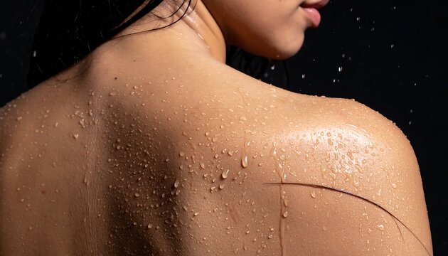 A woman's wet back and shoulder with water droplets