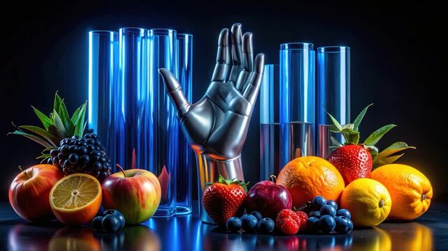 Metallic hand amidst fruit, glass tubes, and dark background