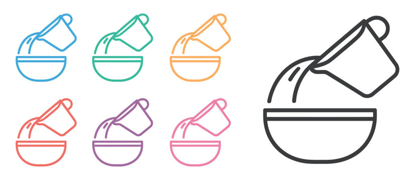 Set line measuring cup pouring liquid into bowl icon isolated on white background, colorful vector collection of plastic beaker, kitchen measurement