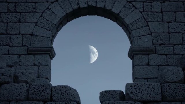 Stone Structure Frames Crescent Moon in Night Sky, Architectural Beauty.
