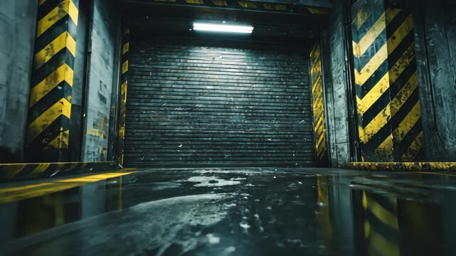 A wet, industrial space features a closed metal door, striped hazards, and dim lighting