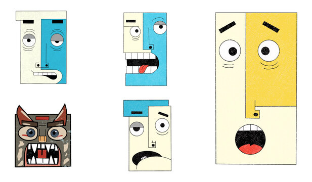 A captivating collection of five stylized human or creature faces, each featuring distinct blocky designs, distressed expressions, and a vibrant two-tone color palette on a transparent background