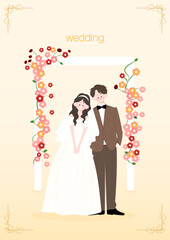 Flat Vector Bride and Groom Under Floral Arch on Yellow Gradient Background