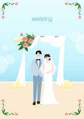 Flat Vector Wedding Couple Under White Curtain Arch with Candle Decorations on Sky Blue Background