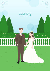 Flat Vector Wedding Couple Holding Hands in Green Garden Background