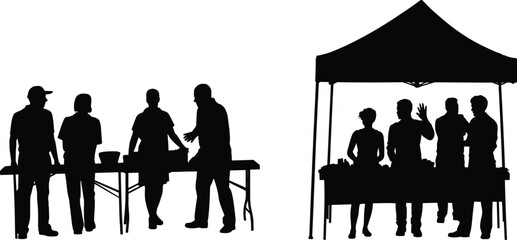 Black silhouettes of people working at outdoor market stalls and community event food stands isolated on a clean white background © Ponkaj Creatives