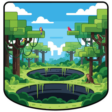 Jungle landscape illustration with tropical trees monkeys and exotic birds near circular forest ponds in flat vector style