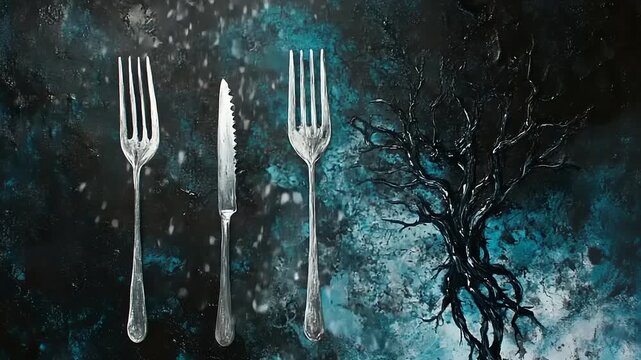 Silver Cutlery Set Against Abstract Dark Moody Background with Tree Silhouette.