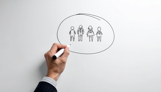 Hand Drawing Stick Figures in Circle on Whiteboard.