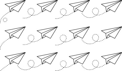 Paper airplane flight path doodle set with dashed trails, minimalist line art icons symbolizing communication, creativity, message delivery, navigation and playful movement isolated on light