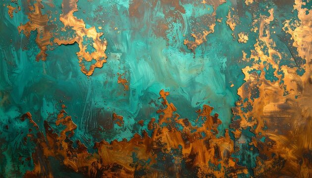 Abstract teal and bronze painted wall, blending colors, evoking a patina. Texture and patterns mimic natural weathering