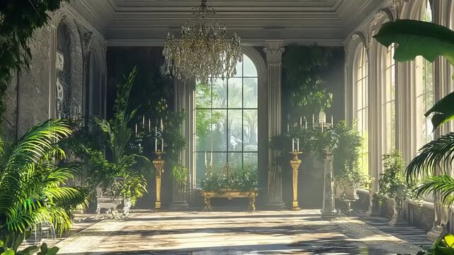 Sunlit Conservatory Interior with Lush Greenery and Classical Architecture.