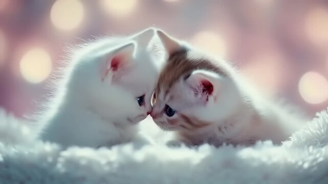 Two adorable fluffy kittens sharing a tender moment together.