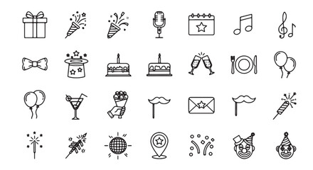 Fototapeta premium Celebration and party outline icon collection. Includes gift, fireworks, microphone, calendar, music, bow tie, magic hat, cake, champagne, plate, balloons, cocktail, ice cream, mask, envelope