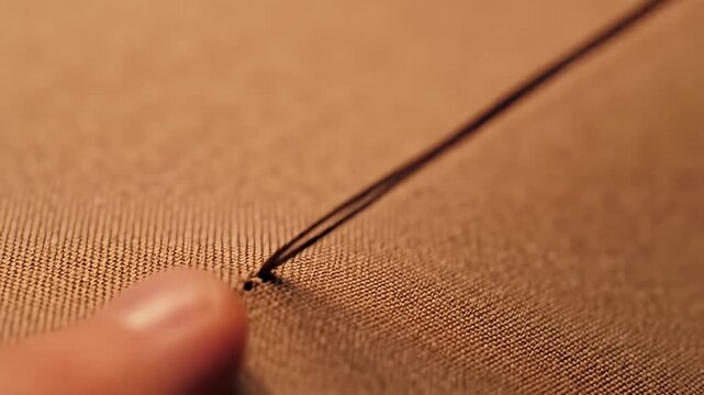 Close-up of a hand sewing dark thread through brown fabric, creating a dotted line