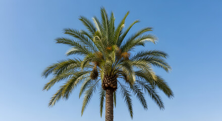 Fototapeta premium Vibrant green fronds of a majestic tropical palm tree reaching towards a brilliant, cloudless azure sky, evoking a serene and idyllic vacation paradise
