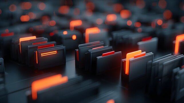 Abstract Rows Of Dark Digital Folders Featuring Glowing Red Status Indicator Tabs
